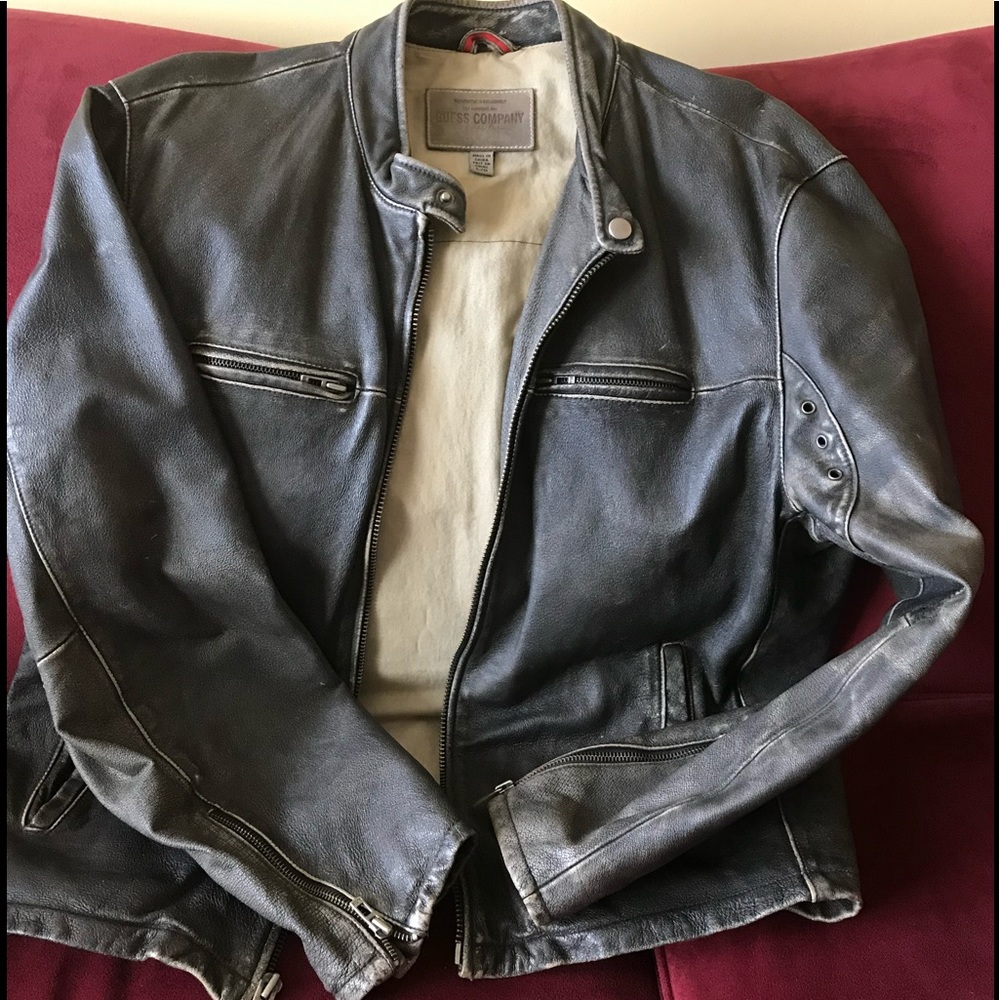 Men’s Guess Distressed Brown Leather Jacket (L)